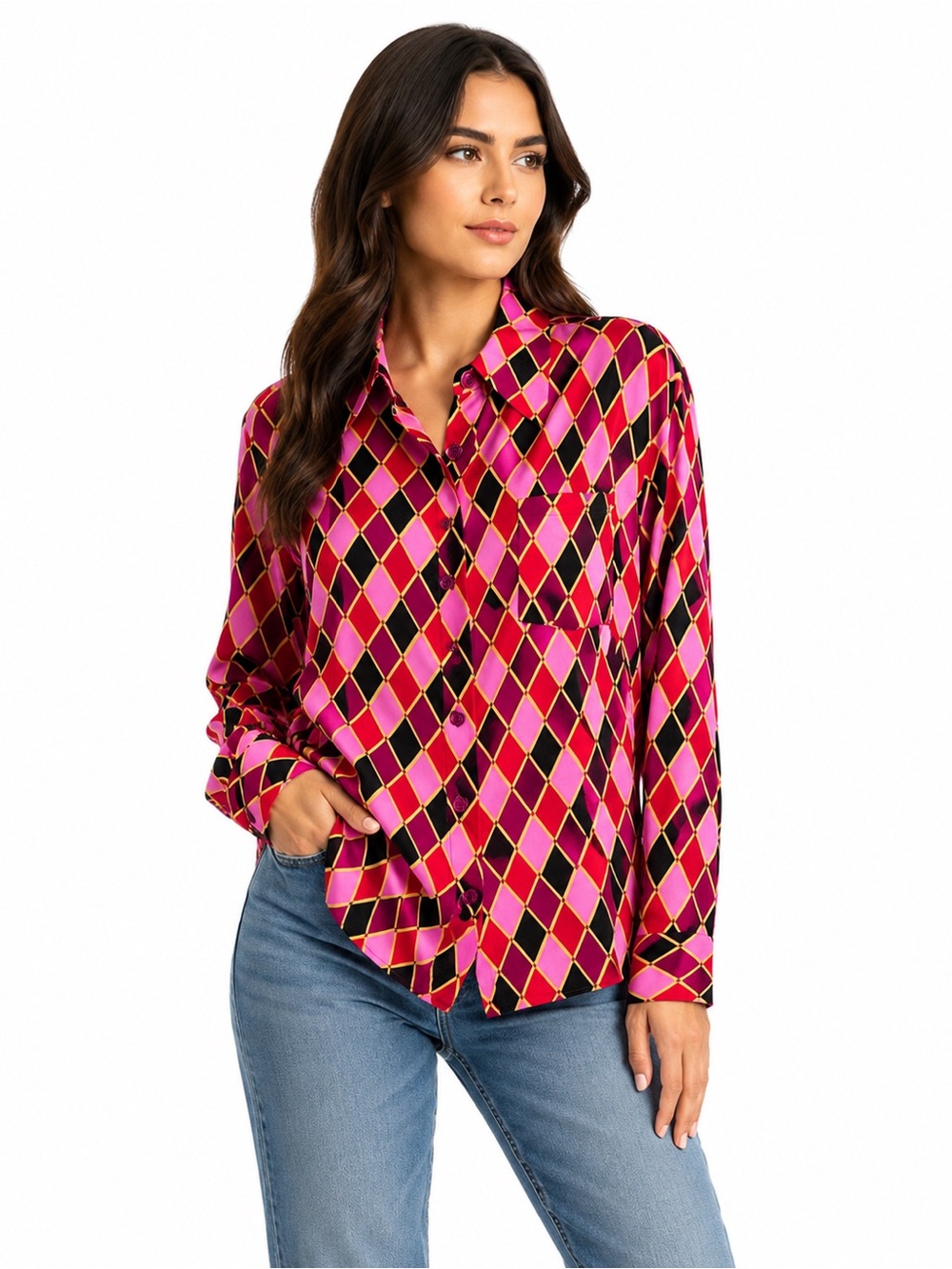 VTG Diane von Furstenberg Silk Assets Harlequin Diamond Blouse L
